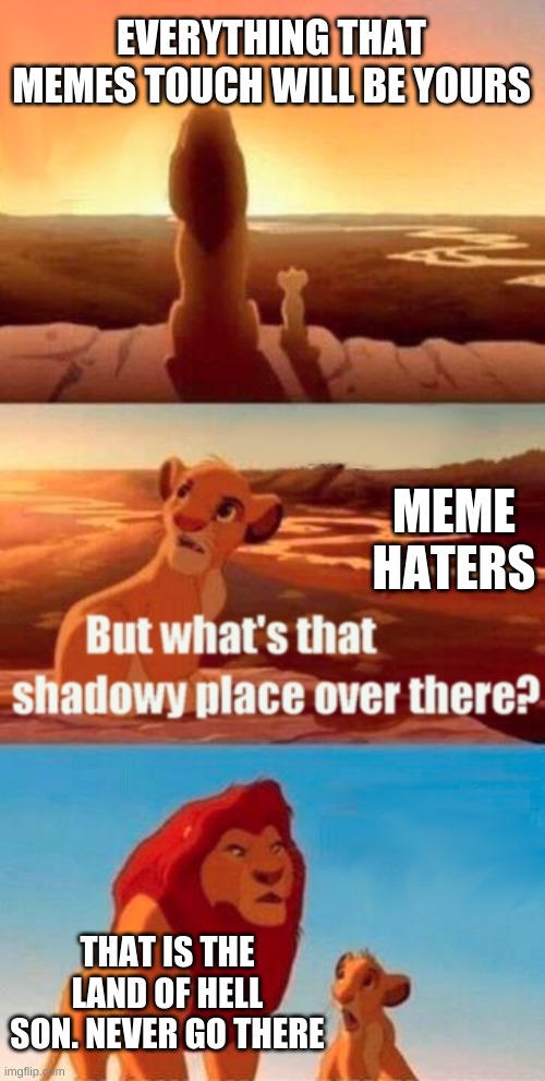 I want mod | EVERYTHING THAT MEMES TOUCH WILL BE YOURS; MEME HATERS; THAT IS THE LAND OF HELL SON. NEVER GO THERE | image tagged in memes,simba shadowy place,hell,meme,haters | made w/ Imgflip meme maker