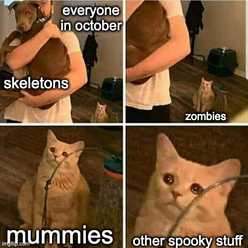 Sad Cat Holding Dog | everyone in october; skeletons; zombies; mummies; other spooky stuff | image tagged in sad cat holding dog | made w/ Imgflip meme maker