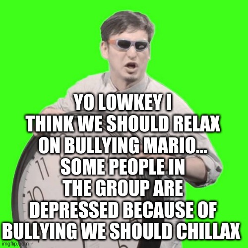 it's time to stop | YO LOWKEY I THINK WE SHOULD RELAX ON BULLYING MARIO... SOME PEOPLE IN THE GROUP ARE DEPRESSED BECAUSE OF BULLYING WE SHOULD CHILLAX | image tagged in it's time to stop | made w/ Imgflip meme maker
