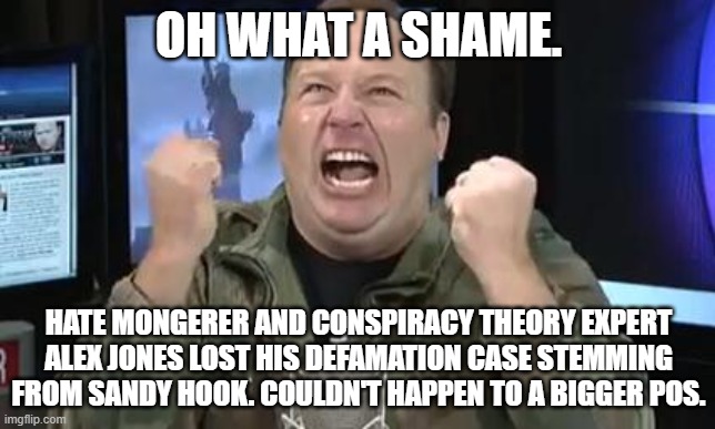 Alex Jones | OH WHAT A SHAME. HATE MONGERER AND CONSPIRACY THEORY EXPERT ALEX JONES LOST HIS DEFAMATION CASE STEMMING FROM SANDY HOOK. COULDN'T HAPPEN TO A BIGGER POS. | image tagged in alex jones | made w/ Imgflip meme maker