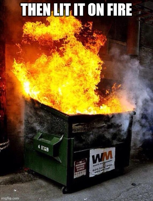 Dumpster Fire | THEN LIT IT ON FIRE | image tagged in dumpster fire | made w/ Imgflip meme maker