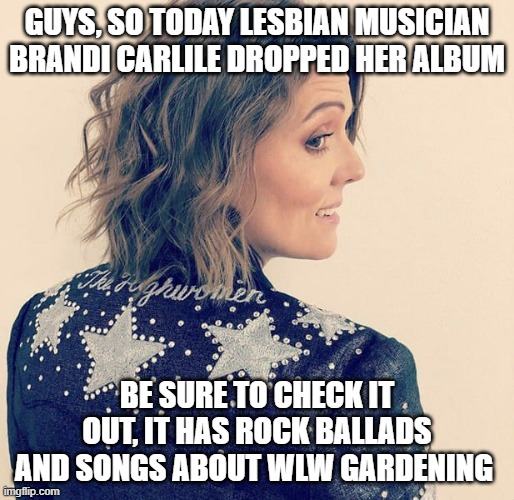 stream it so the straggots are forced to pay attention to the gays | GUYS, SO TODAY LESBIAN MUSICIAN BRANDI CARLILE DROPPED HER ALBUM; BE SURE TO CHECK IT OUT, IT HAS ROCK BALLADS AND SONGS ABOUT WLW GARDENING | image tagged in gay,lesbian,lgbtq,music,funny,memes | made w/ Imgflip meme maker
