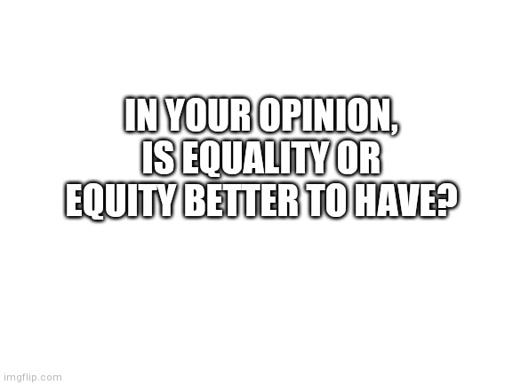 Blank White Template | IN YOUR OPINION, IS EQUALITY OR EQUITY BETTER TO HAVE? | image tagged in blank white template | made w/ Imgflip meme maker