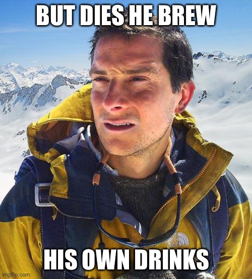 Bear Grylls Meme | BUT DIES HE BREW HIS OWN DRINKS | image tagged in memes,bear grylls | made w/ Imgflip meme maker