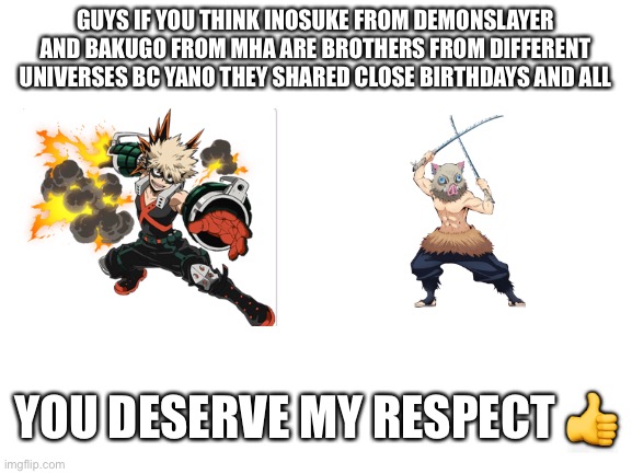 Tell me I’m not the only one!! | GUYS IF YOU THINK INOSUKE FROM DEMONSLAYER AND BAKUGO FROM MHA ARE BROTHERS FROM DIFFERENT UNIVERSES BC YANO THEY SHARED CLOSE BIRTHDAYS AND ALL; YOU DESERVE MY RESPECT 👍 | image tagged in blank white template,bakugo | made w/ Imgflip meme maker