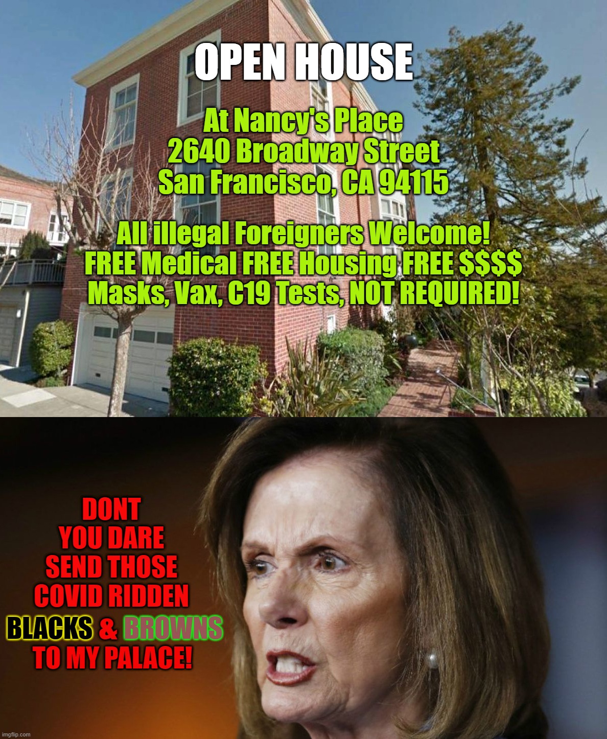 OPEN HOUSE; At Nancy's Place
2640 Broadway Street
San Francisco, CA 94115; All illegal Foreigners Welcome!
FREE Medical FREE Housing FREE $$$$
Masks, Vax, C19 Tests, NOT REQUIRED! DONT YOU DARE SEND THOSE COVID RIDDEN; BROWNS; &; BLACKS; TO MY PALACE! | image tagged in nancy pelosi,nancy's palace,democrats,free stuff,san francisco,illegal immigration | made w/ Imgflip meme maker
