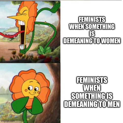 yoU seXISt | FEMINISTS WHEN SOMETHING IS DEMEANING TO WOMEN; FEMINISTS WHEN SOMETHING IS DEMEANING TO MEN | image tagged in cuphead flower | made w/ Imgflip meme maker