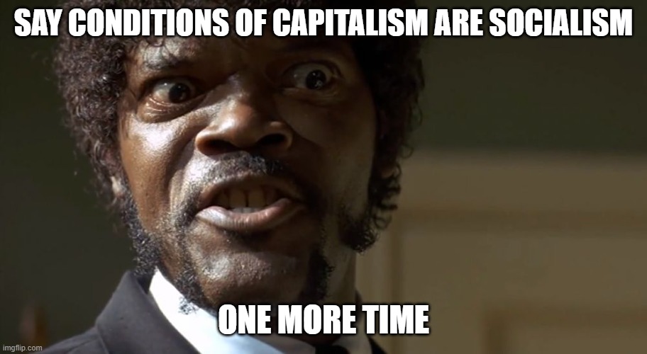 Most right-wing critiques of socialism describe capitalism. | SAY CONDITIONS OF CAPITALISM ARE SOCIALISM; ONE MORE TIME | image tagged in samuel l jackson say one more time,capitalism,socialism,conservative logic,conservatives,communism | made w/ Imgflip meme maker