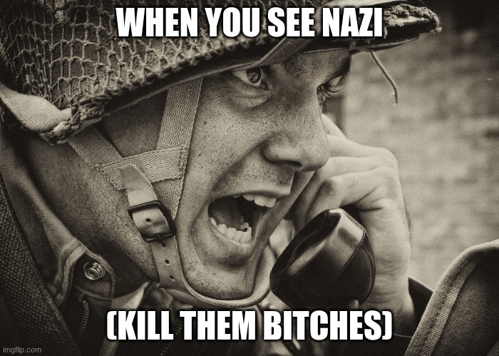 WW2 US Soldier yelling radio | WHEN YOU SEE NAZI; (KILL THEM BITCHES) | image tagged in ww2 us soldier yelling radio | made w/ Imgflip meme maker