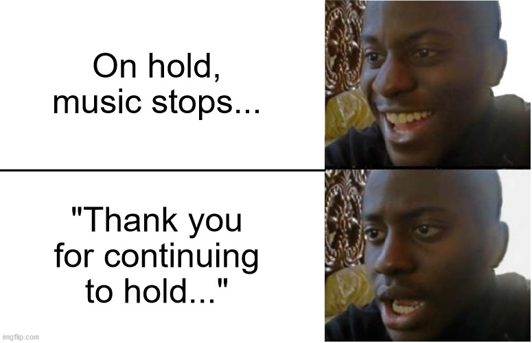 Disappointed Black Guy | On hold, music stops... "Thank you for continuing to hold..." | image tagged in disappointed black guy,memes | made w/ Imgflip meme maker