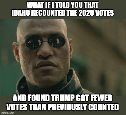 Trump lost. Again. | WHAT IF I TOLD YOU THAT IDAHO RECOUNTED THE 2020 VOTES; AND FOUND TRUMP GOT FEWER VOTES THAN PREVIOUSLY COUNTED | image tagged in memes,matrix morpheus | made w/ Imgflip meme maker
