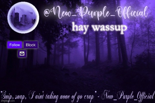 Purple's Announcement | hay wassup | image tagged in purple's announcement | made w/ Imgflip meme maker