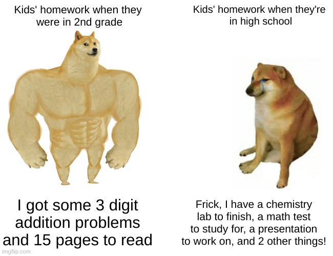 Ah, the good old days... | Kids' homework when they 
were in 2nd grade; Kids' homework when they're 
in high school; I got some 3 digit addition problems and 15 pages to read; Frick, I have a chemistry lab to finish, a math test to study for, a presentation to work on, and 2 other things! | image tagged in memes,buff doge vs cheems | made w/ Imgflip meme maker