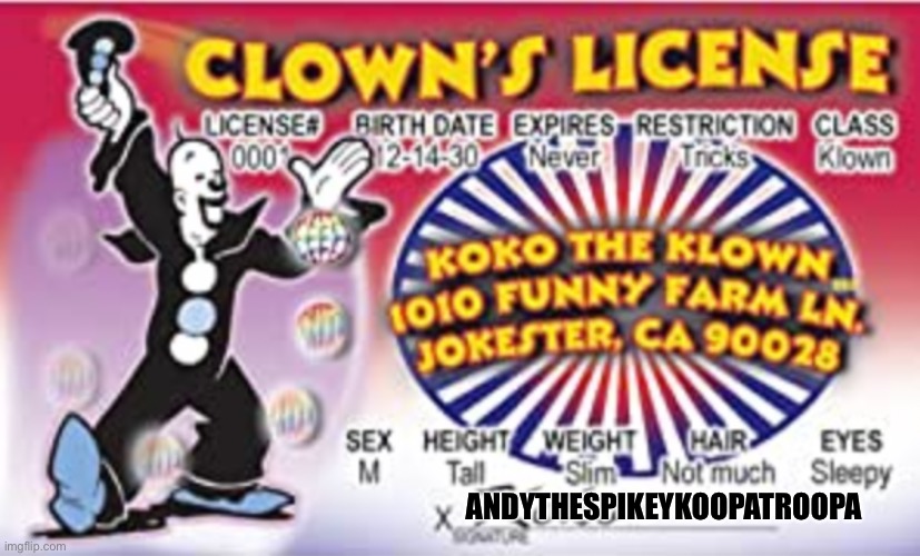Clown drivers license | ANDYTHESPIKEYKOOPATROOPA | image tagged in clown drivers license | made w/ Imgflip meme maker