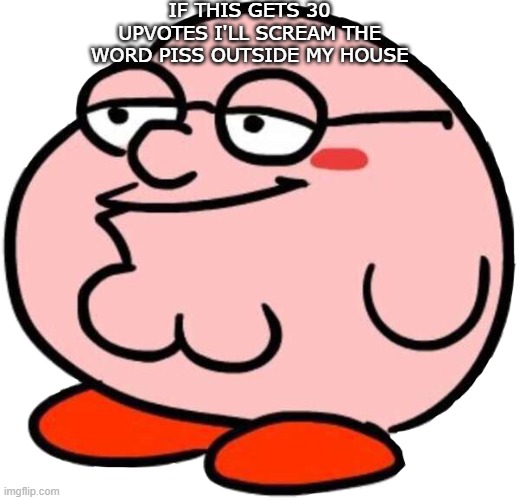 peter is kirby | IF THIS GETS 30 UPVOTES I'LL SCREAM THE WORD PISS OUTSIDE MY HOUSE | image tagged in peter griffin,kirby | made w/ Imgflip meme maker