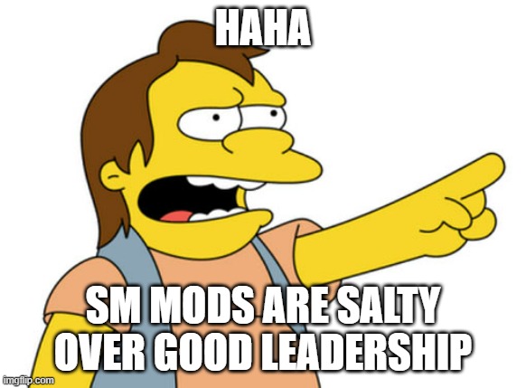 OP put me in the worst presidents tier over his feelings | HAHA; SM MODS ARE SALTY OVER GOOD LEADERSHIP | image tagged in nelson muntz haha | made w/ Imgflip meme maker
