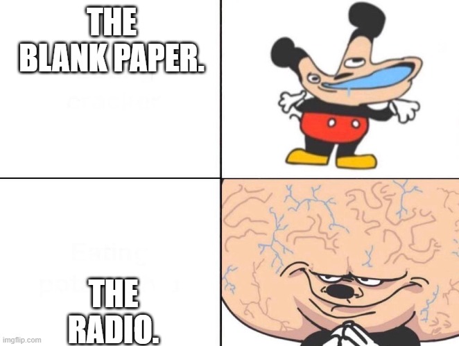 big brain mokey | THE BLANK PAPER. THE RADIO. | image tagged in big brain mokey | made w/ Imgflip meme maker