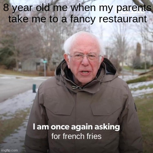 Bernie I Am Once Again Asking For Your Support Meme | 8 year old me when my parents take me to a fancy restaurant; for french fries | image tagged in memes,bernie i am once again asking for your support | made w/ Imgflip meme maker