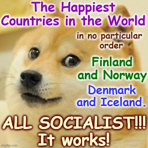 Republicans turned Medicare into a negative. They're also against food, clothing, shelter, medicine and your retirement savings. | The Happiest Countries in the World; in no particular 
order; Finland and Norway; Denmark and Iceland. ALL SOCIALIST!!!
It works! | image tagged in memes,doge,happy,countries,socialist | made w/ Imgflip meme maker