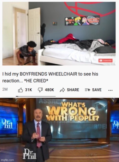 Poor dude is dragging himself around and his leg is bent in the shape of and "L"! | image tagged in dr phil what's wrong with people | made w/ Imgflip meme maker