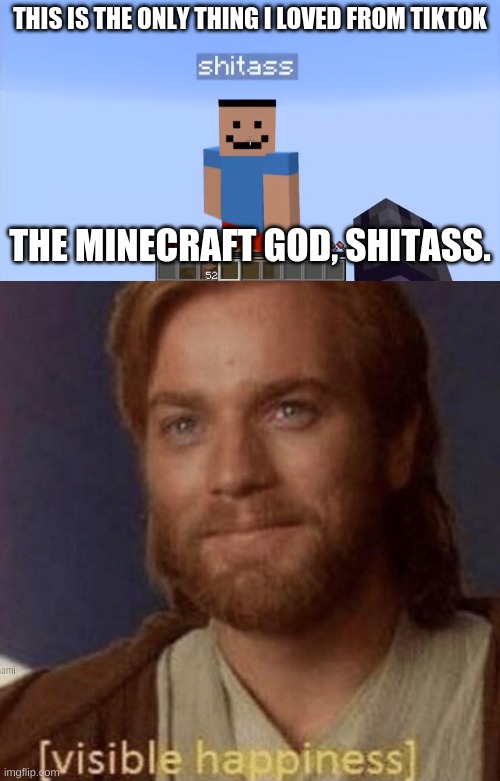 EVERYTHING TIKTOK BESIDES SHITASS IS TRASH! |  THIS IS THE ONLY THING I LOVED FROM TIKTOK; THE MINECRAFT GOD, SHITASS. | image tagged in shitass,visible happiness,funny,memes,tiktok sucks,minecraft | made w/ Imgflip meme maker