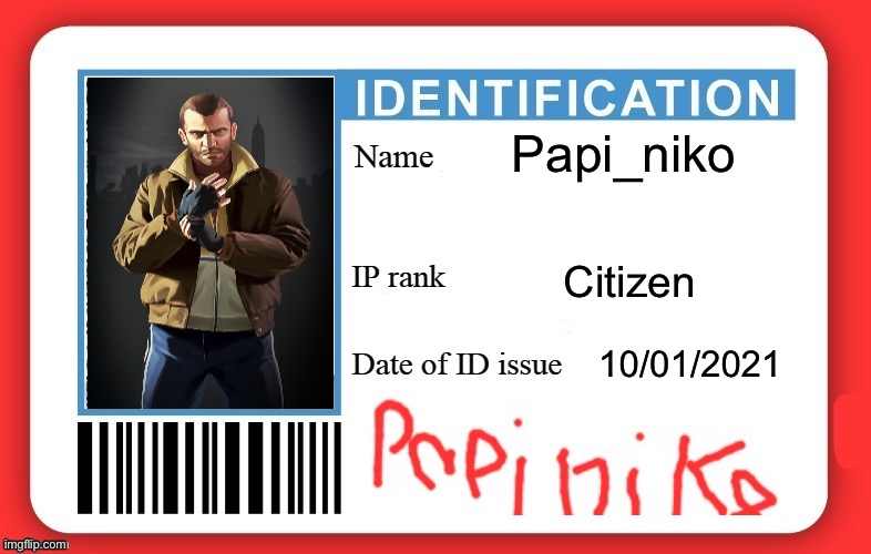 DMV ID Card | Papi_niko; Citizen; 10/01/2021 | image tagged in dmv id card | made w/ Imgflip meme maker