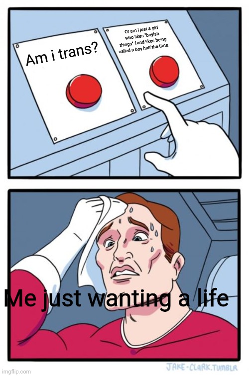 Two Buttons | Or am i just a girl who likes "boyish things" 1and likes being called a boy half the time. Am i trans? Me just wanting a life | image tagged in memes,two buttons | made w/ Imgflip meme maker