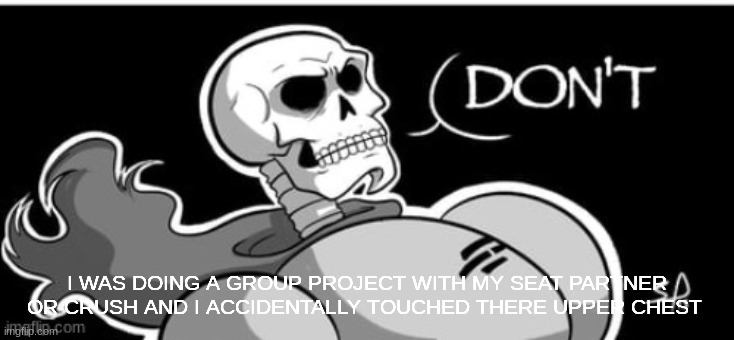 Don't | I WAS DOING A GROUP PROJECT WITH MY SEAT PARTNER OR CRUSH AND I ACCIDENTALLY TOUCHED THERE UPPER CHEST | image tagged in don't | made w/ Imgflip meme maker