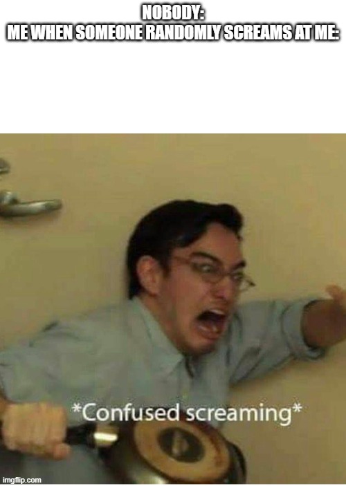 AHHHHHH AHHHHHH | NOBODY:
ME WHEN SOMEONE RANDOMLY SCREAMS AT ME: | image tagged in confused screaming,funy memes,so true memes,upvote if you agree,oh wow are you actually reading these tags,deez nuts | made w/ Imgflip meme maker