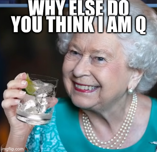 Think about it - she is literally Q | WHY ELSE DO YOU THINK I AM Q | image tagged in drinky-poo | made w/ Imgflip meme maker