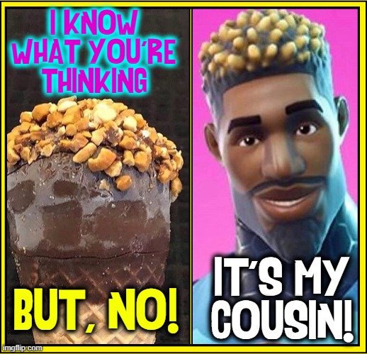 I am no Cannibal | I KNOW WHAT YOU'RE THINKING; BUT, NO! IT'S MY
COUSIN! | image tagged in vince vance,nutty buddy,nuts,on top,memes,fortnite | made w/ Imgflip meme maker