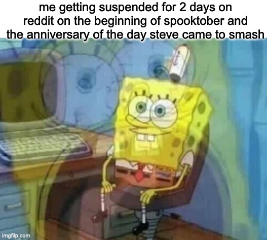 Internal screaming | me getting suspended for 2 days on reddit on the beginning of spooktober and the anniversary of the day steve came to smash | image tagged in internal screaming | made w/ Imgflip meme maker