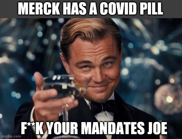 Leonardo Dicaprio Cheers Meme | MERCK HAS A COVID PILL; F**K YOUR MANDATES JOE | image tagged in memes,leonardo dicaprio cheers | made w/ Imgflip meme maker