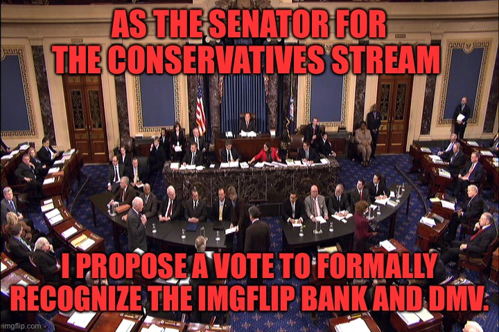 Proposal and voting in the comments below | AS THE SENATOR FOR THE CONSERVATIVES STREAM; I PROPOSE A VOTE TO FORMALLY RECOGNIZE THE IMGFLIP BANK AND DMV. | image tagged in senate floor,congress | made w/ Imgflip meme maker