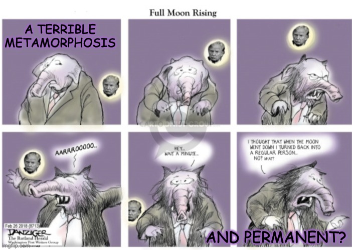 Spooktober comics time! Can I get a vampire cartoon? | A TERRIBLE METAMORPHOSIS; AND PERMANENT? | image tagged in wolfman,werewolf,gop,donald trump | made w/ Imgflip meme maker