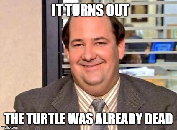 Kevin from the Office | IT TURNS OUT; THE TURTLE WAS ALREADY DEAD | image tagged in kevin from the office | made w/ Imgflip meme maker