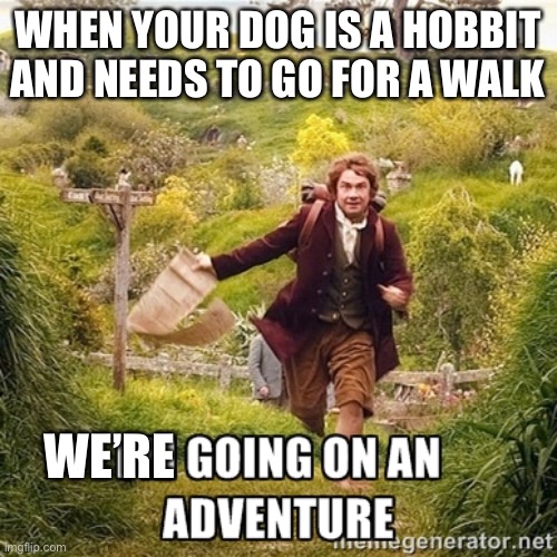 Just walking the dog | WHEN YOUR DOG IS A HOBBIT AND NEEDS TO GO FOR A WALK; WE’RE | image tagged in going on an adventure,hobbit,dog,walk | made w/ Imgflip meme maker