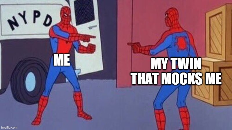 spiderman pointing at spiderman | ME; MY TWIN THAT MOCKS ME | image tagged in spiderman pointing at spiderman | made w/ Imgflip meme maker