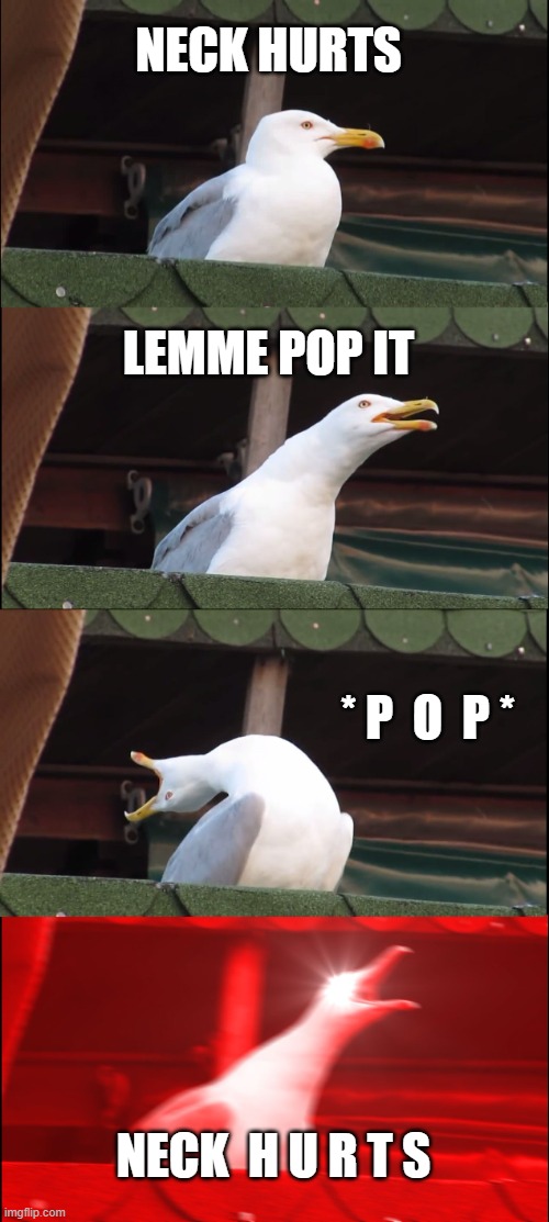 Inhaling Seagull | NECK HURTS; LEMME POP IT; * P  O  P *; NECK  H U R T S | image tagged in memes,inhaling seagull | made w/ Imgflip meme maker