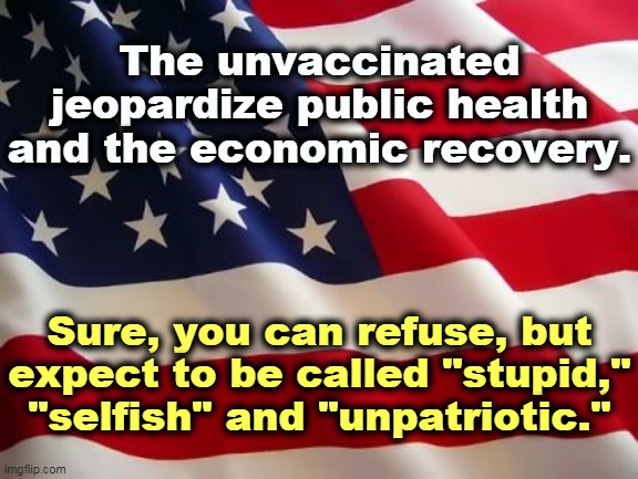 Yes. | The unvaccinated jeopardize public health and the economic recovery. Sure, you can refuse, but expect to be called "stupid," "selfish" and "unpatriotic." | image tagged in american flag,anti vax,stupid,selfish,no,patriotism | made w/ Imgflip meme maker