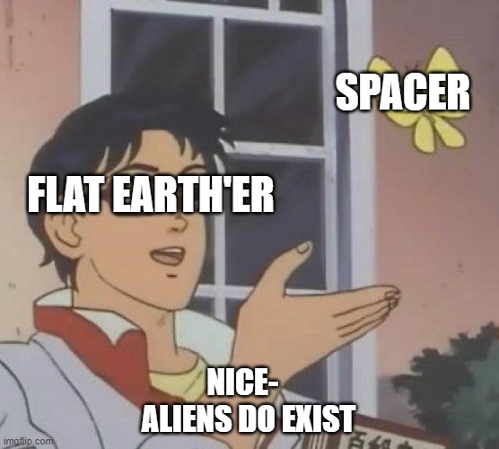 Is This A Pigeon Meme | SPACER; FLAT EARTH'ER; NICE-  
ALIENS DO EXIST | image tagged in memes,is this a pigeon | made w/ Imgflip meme maker