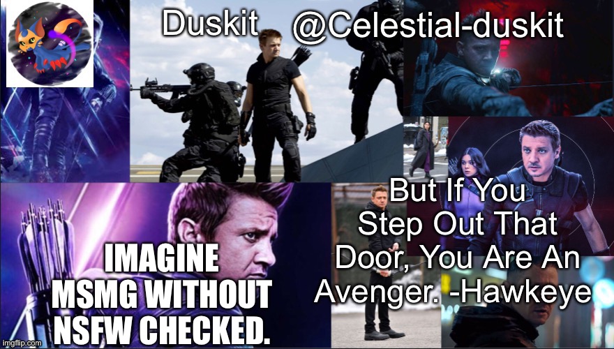 You miss all the “good” stuff | IMAGINE MSMG WITHOUT NSFW CHECKED. | image tagged in duskit s hawkeye temp | made w/ Imgflip meme maker