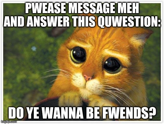 Shrek Cat | PWEASE MESSAGE MEH AND ANSWER THIS QUWESTION:; DO YE WANNA BE FWENDS? | image tagged in memes,shrek cat,please be meh fwend | made w/ Imgflip meme maker