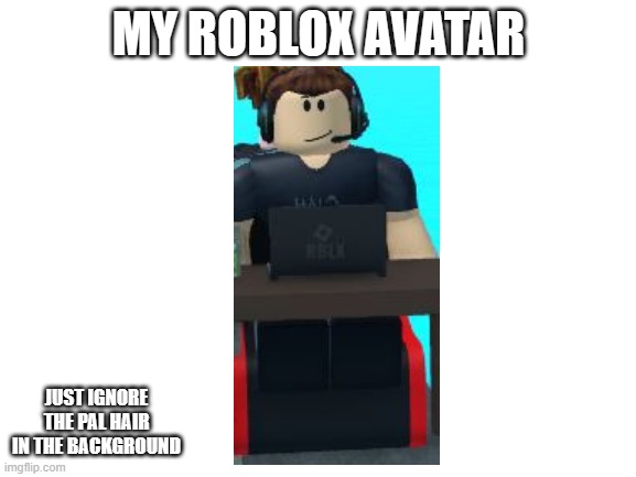 updated avatar | MY ROBLOX AVATAR; JUST IGNORE THE PAL HAIR IN THE BACKGROUND | image tagged in blank white template | made w/ Imgflip meme maker