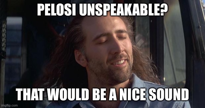 Nic Cage Feels Good | PELOSI UNSPEAKABLE? THAT WOULD BE A NICE SOUND | image tagged in nic cage feels good | made w/ Imgflip meme maker