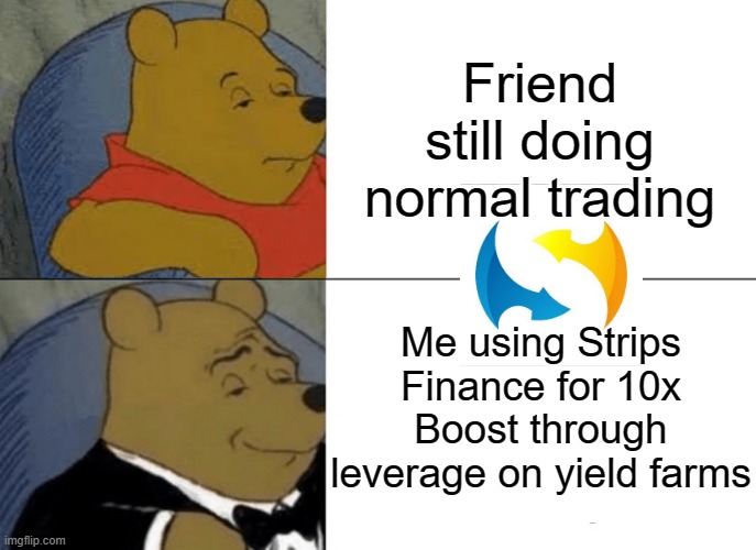 Tuxedo Winnie The Pooh | Friend still doing normal trading; Me using Strips Finance for 10x Boost through leverage on yield farms | image tagged in memes,tuxedo winnie the pooh | made w/ Imgflip meme maker