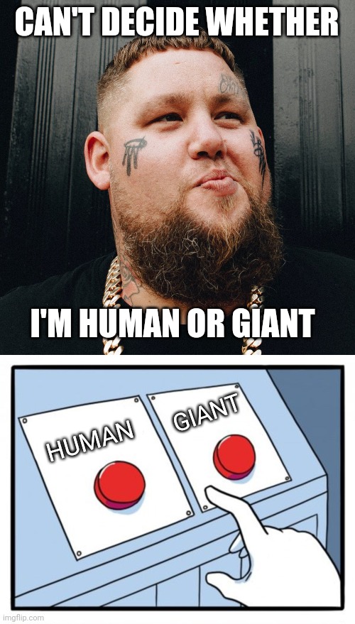 Day Two of No Good Meme Titles | CAN'T DECIDE WHETHER; I'M HUMAN OR GIANT; GIANT; HUMAN | image tagged in memes,two buttons,rag n bone man,music,hmmm,oh wow are you actually reading these tags | made w/ Imgflip meme maker