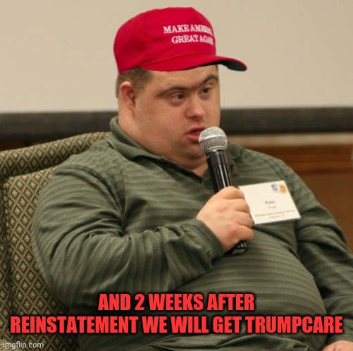 MAGA BOY | AND 2 WEEKS AFTER REINSTATEMENT WE WILL GET TRUMPCARE | image tagged in maga boy | made w/ Imgflip meme maker