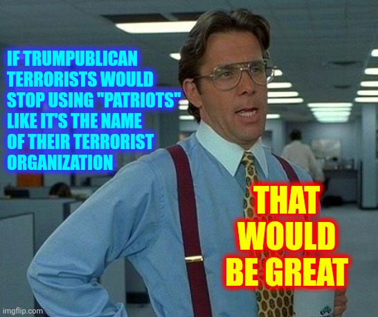 Trump And His Terrorist Organization | IF TRUMPUBLICAN 
TERRORISTS WOULD 
STOP USING "PATRIOTS" 
LIKE IT'S THE NAME 
OF THEIR TERRORIST 
ORGANIZATION; THAT WOULD BE GREAT | image tagged in memes,that would be great,domestic terrorists,patriots,proud boys are terrorists,trump was impeached twice | made w/ Imgflip meme maker