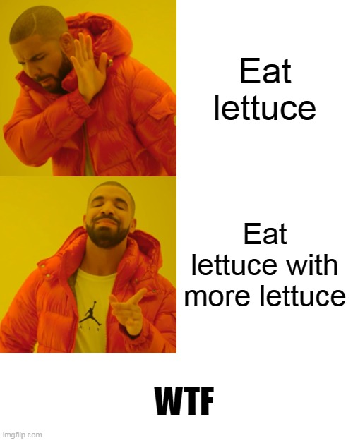 Lettuce | Eat lettuce; Eat lettuce with more lettuce; WTF | image tagged in memes,drake hotline bling | made w/ Imgflip meme maker